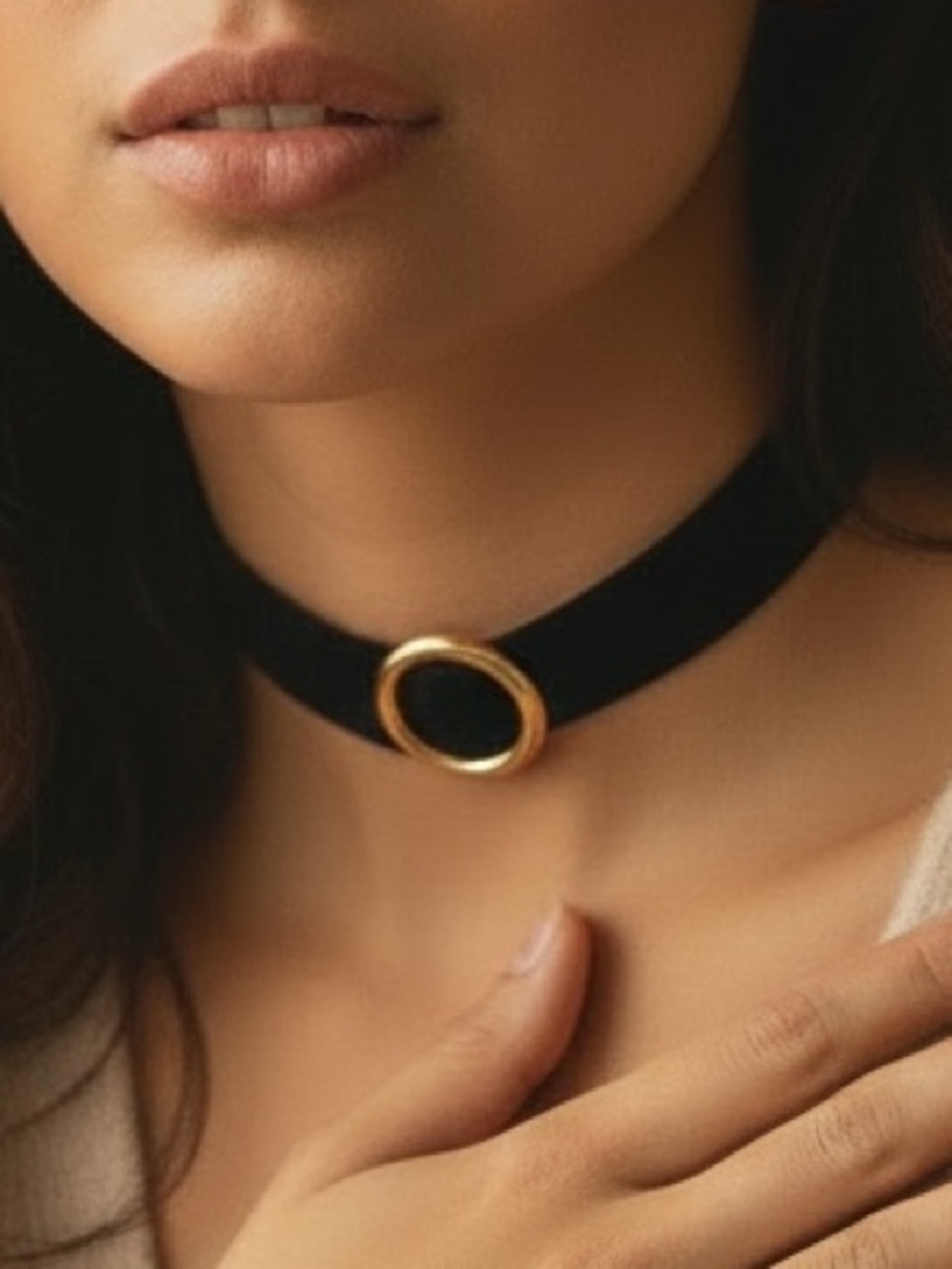 Black Velvet Choker Necklace with Gold Ring